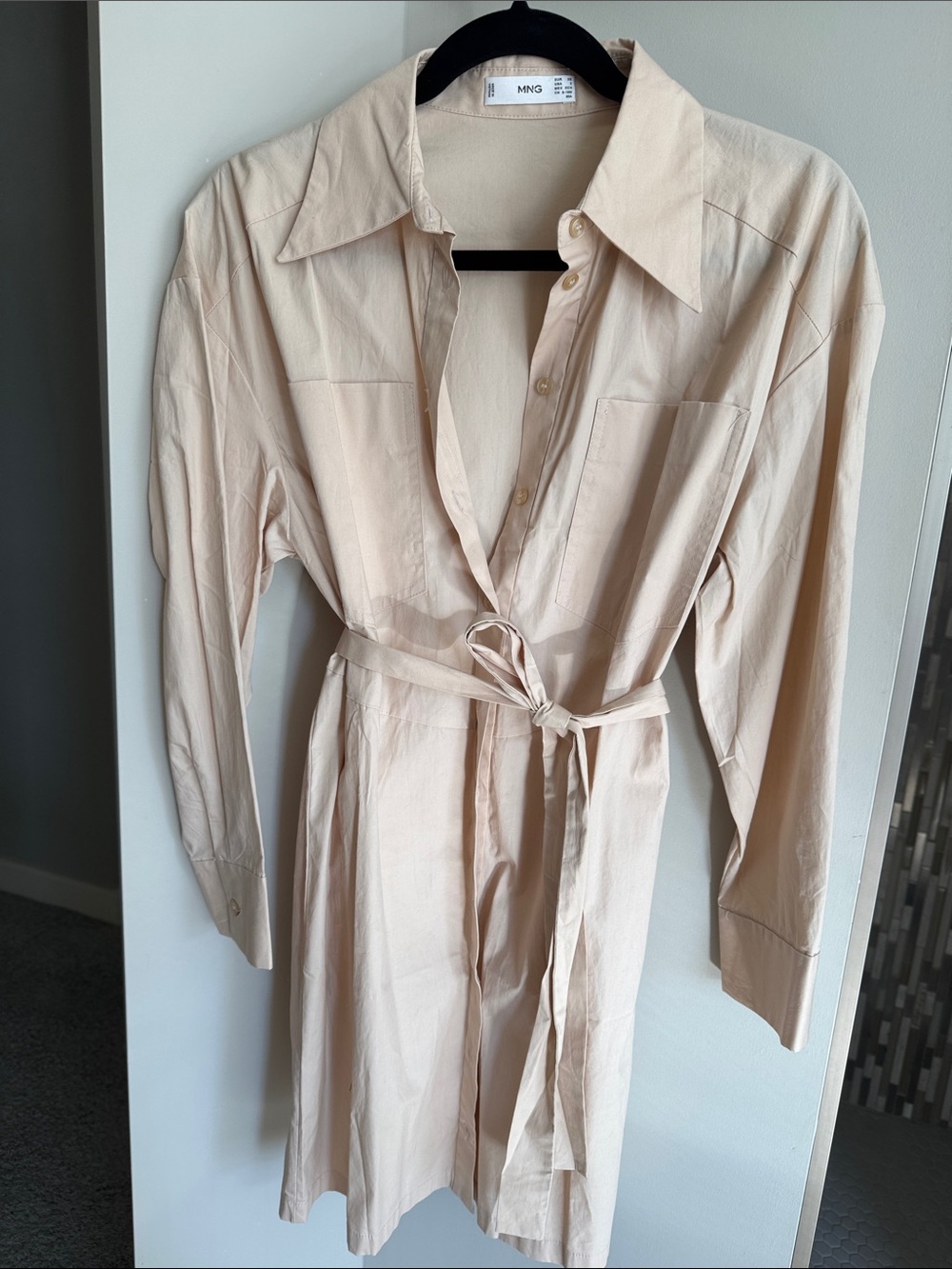 Mango Beige Long Sleeve Shirt Dress with Waist Tie